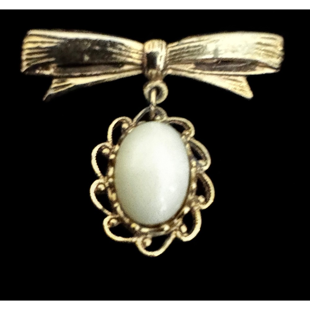 Vintage Gold Tone Bow Brooch White Oval Cabochon Dangle Scalloped Filigree Pin